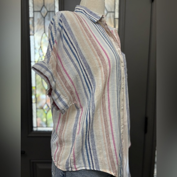 Beach Lunch Lounge Linen Blend Striped Multicolor Tie Front Shirt Size Medium - Picture 6 of 8